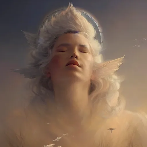 Prompt: a beautiful portrait of a cloud goddess with tiny birds flying in the background and closed eyes by Greg Rutkowski and Raymond Swanland, Trending on Artstation, ultra realistic digital art