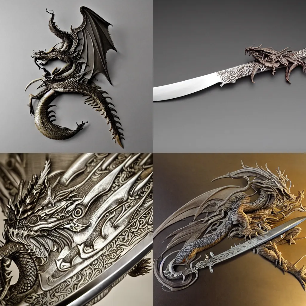 Prompt: fine intricate dragon engraving on the blade of a sword, ellen jewett