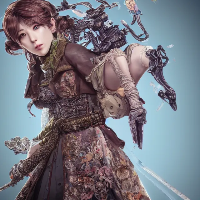 Image similar to the portrait of lawful neutral semi - colorful female hunter socialite as absurdly beautiful, gorgeous, elegant, young gravure idol, an ultrafine hyperdetailed illustration by kim jung gi, irakli nadar, intricate linework, bright colors, octopath traveler, final fantasy, unreal engine 5 highly rendered, global illumination, radiant light, detailed and intricate environment