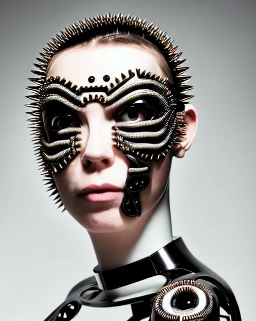 Image similar to symmetrical portrait of a biomechanical cyborg wearing a silicone steel spikes studded iridescent beauty mask and neon hair buns, wearing a black bodysuit by alexander mcqueen, cream white background, soft diffused light, biotechnology, humanoid robot, bjork aesthetic, translucent, by rineke dijkstra, intricate details, highly detailed, masterpiece,