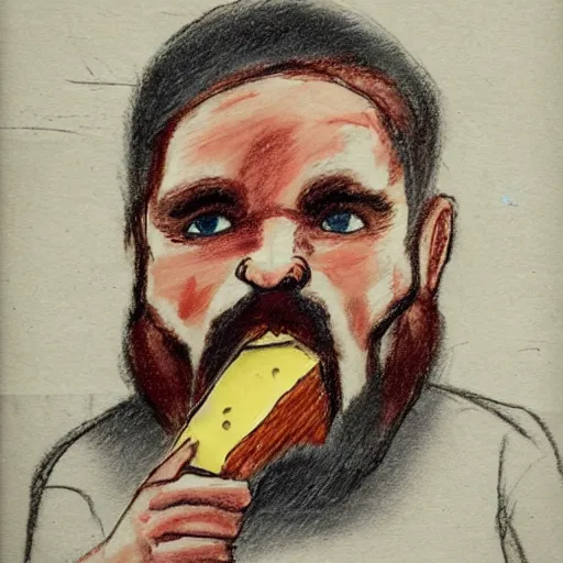 Prompt: a half-dwarf man eating cheese pizza, focus face, hard sketch