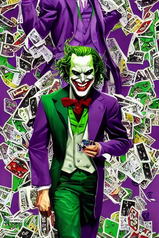 Prompt: poker card design of dc comic villain the joker creepy smile, full body pose, purple suit, green bowtie, surrounded by scattered joker poker cards, chaos by michael hussar, kim jung gi, greg rutkowski, james jean, tomer hanuka