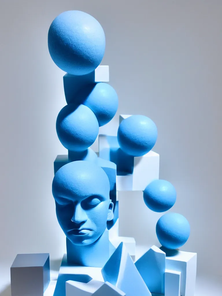 Image similar to a fine art photograph formal self sculpture by the artist kelbv, in distinct hyper precise fineliner style with cuboids neatly curving above his head, and exploded body filled with light blue and white spheroids, perfect bright studio lighting.