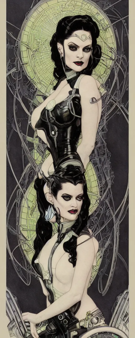 Prompt: a beautiful and captivating sci - fi art nouveau style portrait of lily munster as a futuristic gothpunk rebel soldier by chris achilleos, travis charest and alphonse mucha, mixed media painting, photorealism, extremely hyperdetailed, perfect symmetrical facial features, perfect anatomy, ornate declotage, circuitry, technical detail, confident expression, wry smile