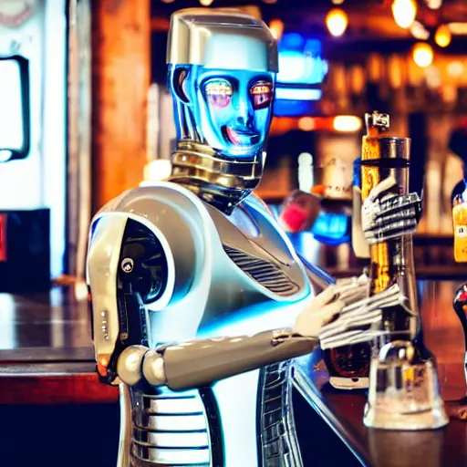 Prompt: humanoid robot bartender serving beer in a cyberpunk pub