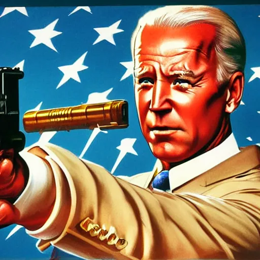 Image similar to propaganda poster of joe biden pointing gun directly at camera in james bond movie, closeup of gun, visible barrel and grip by j. c. leyendecker, bosch, lisa frank, jon mcnaughton, and beksinski