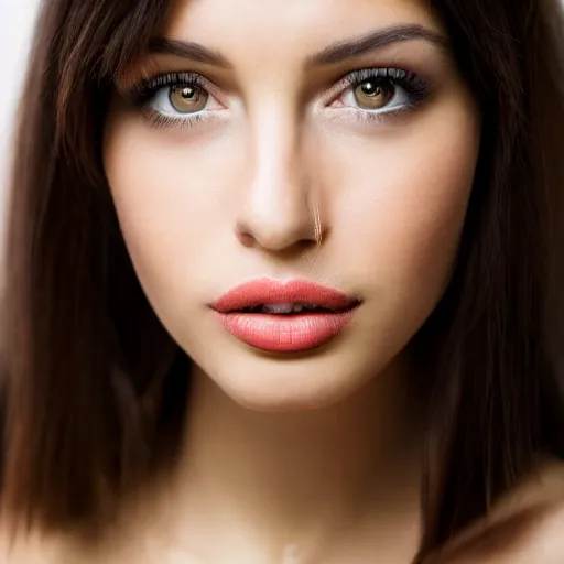 Image similar to portrait photo of a charismatic beautiful brunette female looking into the camera, indoors, f 1. 4, golden ratio, rim light, top light, overcast day