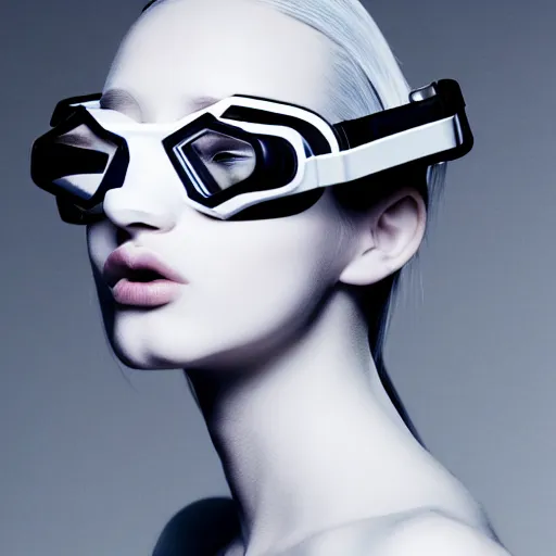 Image similar to high fashion photography of a model in neo futurism white sci - fi makup, wearing vr goggles, transparent cloth, beautifully lit