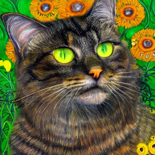 Prompt: portrait of a very fluffy dark tabby cat with green eyes, starlight, full body, smiling cat, golden colors, flowers, canned cat food, intricate, elegant, highly detailed, smooth, sharp focus, illustration, art by gustav klimt
