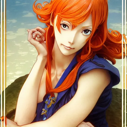 Image similar to intricately detailed vfx portrait of nami from one piece by eiichiro oda, makoto shinkai, alphonse mucha, art by artgerm and greg rutkowski, best of behance, concept art, matte, sharp focus, orange hair, elegant, adolphe bouguereau, annie leibovitz, stanley kubrick, hdr,