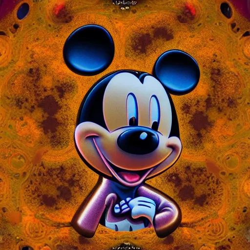 Image similar to counterfeit mickey mouse head, fractal, broken, psychedelic, wet, mycelium, radiant alien, rococo, baroque, automotive, bio-mechanical, porcelain, iridescent, sub surface scattering, octane render