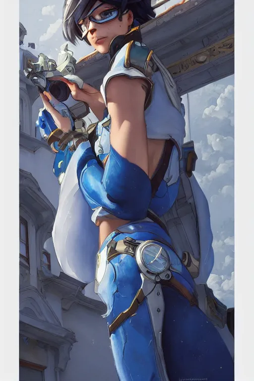 Image similar to tracer from overwatch travels in tetouan streets, blue and white houses, mosque, highly detailed, digital painting, artstation, concept art, smooth, sharp focus, illustration, art by artgerm and greg rutkowski and alphonse mucha