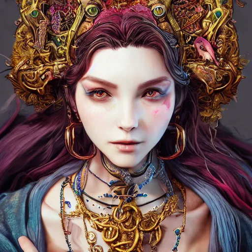 Image similar to the portrait of chaotic good female druid alchemist as absurdly beautiful, gorgeous, elegant, gravure idol, an ultrafine hyperdetailed illustration by kim jung gi, irakli nadar, intricate linework, sharp focus, bright colors, octopath traveler, final fantasy, unreal engine 5 highly rendered, global illumination, radiant light, detailed and intricate environment