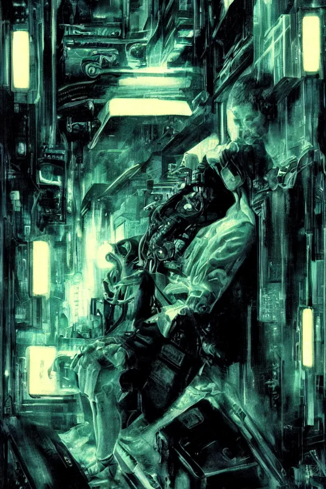 Image similar to artwork by Ridley Scott showing a android dreaming about electric sheep, cyberpunk, Blade Runner