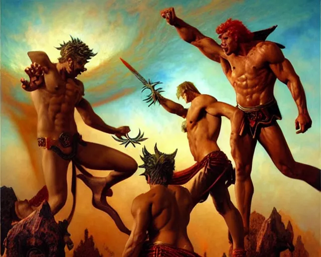 Image similar to attractive male deity, casting demonic magic, summoning ( muscular ) lucifer morning star, as they battle over the earthly realm, highly detailed painting by gaston bussiere, craig mullins, j. c. leyendecker, tom of finland