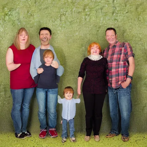 Image similar to family portrait studio of ugly family big eyes bad awful teeth and smile, horrible scary family laughter by Douggy Pledger