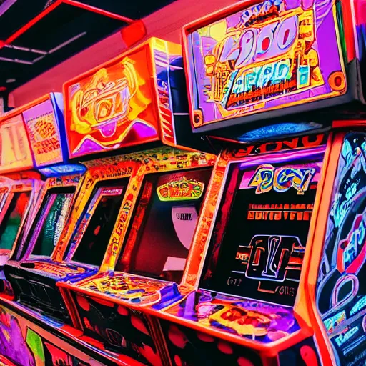 Prompt: A busy arcade in the 80's, perfect face, intricate, Sony a7R IV, symmetric balance, polarizing filter, Photolab, Lightroom, 4K, Dolby Vision, Photography Award