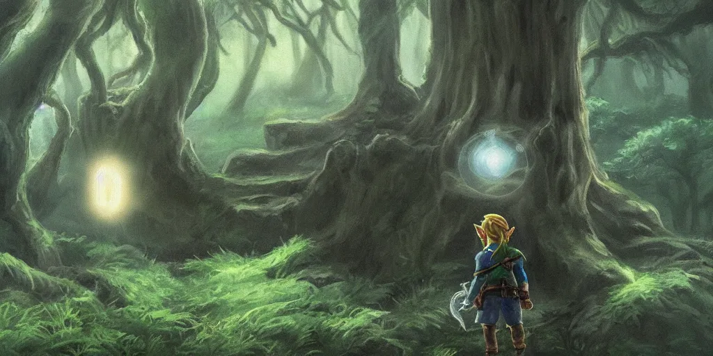 Prompt: close up of young link with orb of light entering an old!!! forest temple!!! full of green trees and plants, under a gray foggy sky, oil painting, beautiful, legend of zelda