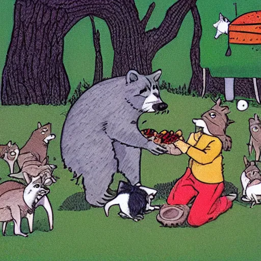 Prompt: angus picnicking with raccoons by gary larson