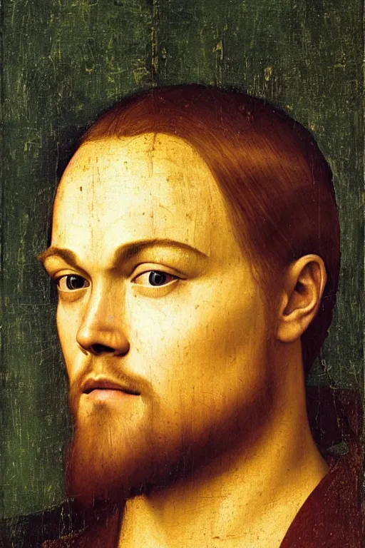 Prompt: 1 4 0 0 s renaissance close up portrait of leonardo dicaprio oil painting by jan van eyck, northern renaissance art, oil on canvas, wet - on - wet technique, realistic, expressive emotions, intricate textures, illusionistic detail