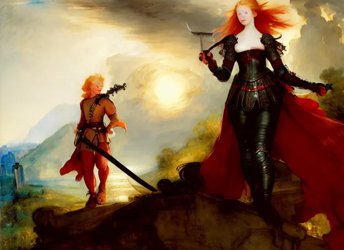 Prompt: young redhead pale woman in dark and red princess dragon armor, she is holding a sword, walking on an ancient neoclassical bridge. by henriette ronner - knip, by william henry hunt, by rembrandt, by joseph mallord william turner, by konstantin razumov, concept art,