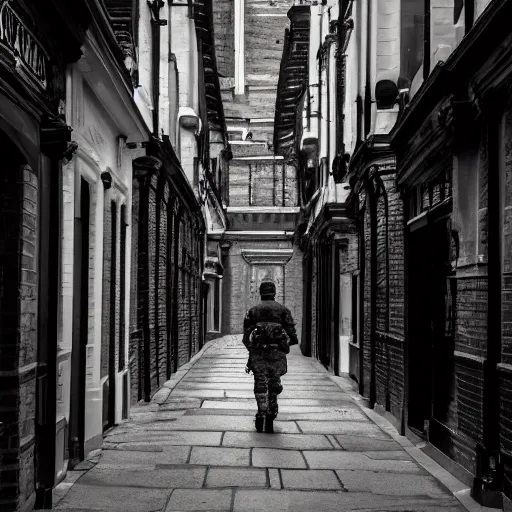 Image similar to soldier walking through london alley, gloomy mood, early dawn, sharp picture, cinematic, hyper realistic, symmetrical, 4 k, highly ornate intricate details,