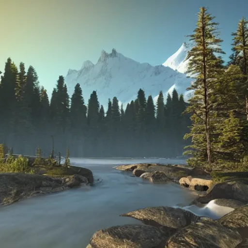 Prompt: « mountain in the background with snow on the top of it, a river in the middle ground, trees, a bear near a tree, glowing light, photorealistic, unreal engine 5, sharp focus, some rocks in the river, some birds in the sky, and a small woody house on the right far »
