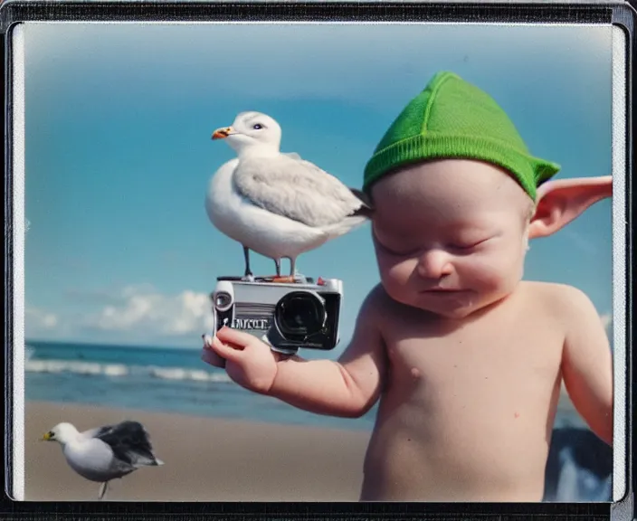 Prompt: polaroid photograph of a very detailed and beautiful baby yoda!!. grogu!! at the beach next to a cute seagull!!!!. photo by martin parr and annie lebovitz. 2 4 mm lens