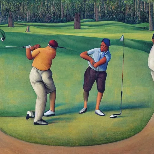 Image similar to Three golfers on a beautiful golf course driving range, by Diego Rivera