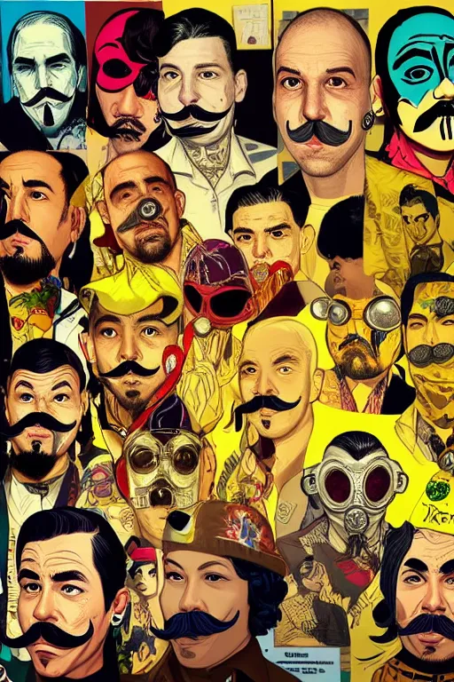 Image similar to gang saints wear yellow bandanas, and some of them have thick mustaches, their eyes are sharp, pop art style, dynamic comparison, proportional, professional art, bioshock style, gta chinatowon style, hyper realistic, face and body clarity, complicated, art by argerm dan richard hamilton