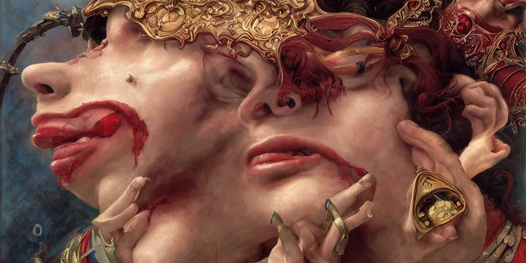 Image similar to epic masterpiece court of the crimson king, crying, jester in acrobatic pose, beautiful face and flawless skin, by Edgar Maxence and Ross Tran and Michael Whelan