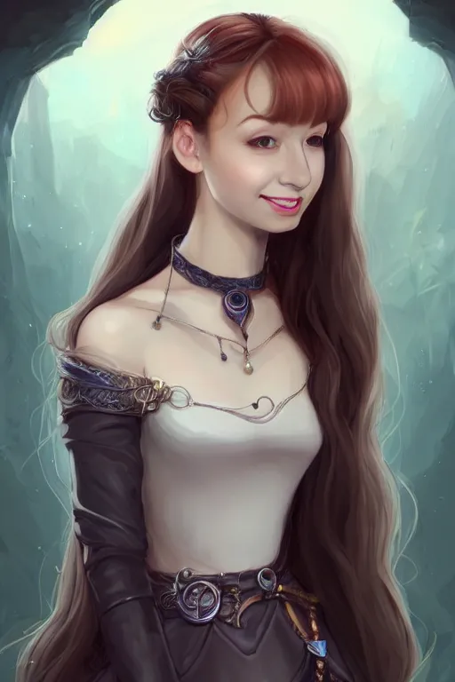 Image similar to portrait of a gorgeous young female artificer, looking at camera, D&D, choker on neck, stylish dress, mouth slightly open, cute slightly nerdy smile, very long flowing hair, intricate, elegant, stylish, fantasy, extremely detailed, digital painting, artstation, concept art, smooth, sharp focus, illustration, stunning lighting, art by artgerm and greg rutkowski and alphonse mucha and simon stalenhag