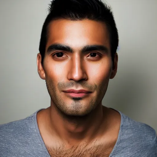 Prompt: close up of face of good looking 3 0 year old peruvian man with clean shaven face, no beard, thin face, skinny, very short straight black hair in a quiff style, color portrait, 4 k