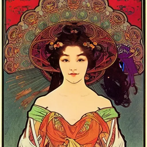 Image similar to beautiful women with oriental faces, character portrait, sharp, art by alphonse maria mucha