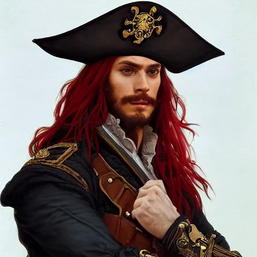 Image similar to portrait of a young pirate captain, male, masculine, handsome, upper body, red hair, long hair, D&D, fantasy, intricate, elegant, highly detailed, digital painting, artstation, concept art, sensual, matte, sharp focus, illustration, art by Artgerm and Greg Rutkowski and Alphonse Mucha