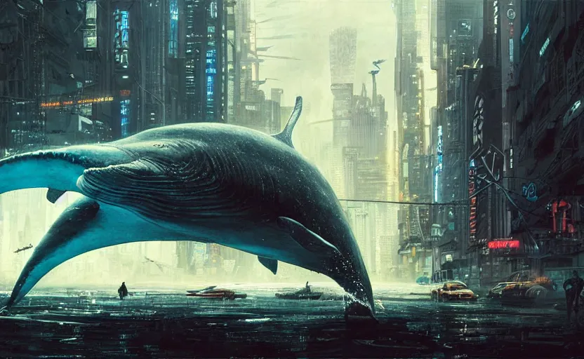 Prompt: cyberpunk whale attacking Newyork city ,digital art,ultra realistic,ultra detailed, ultra wide Lens, art by greg rutkowski