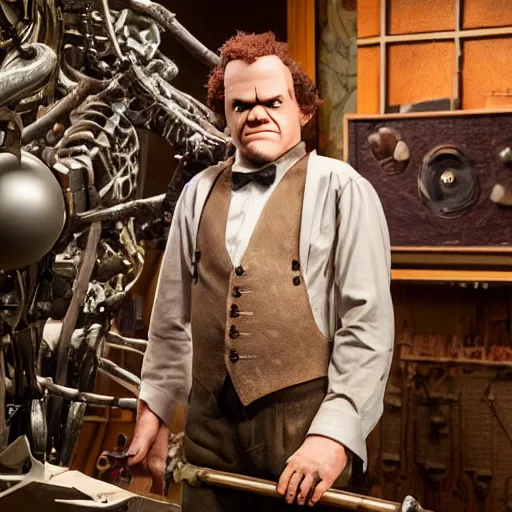 Image similar to animatronic John C. Reilly, exposed mechanics, photo, Stan Winston studios, detailed, 4k