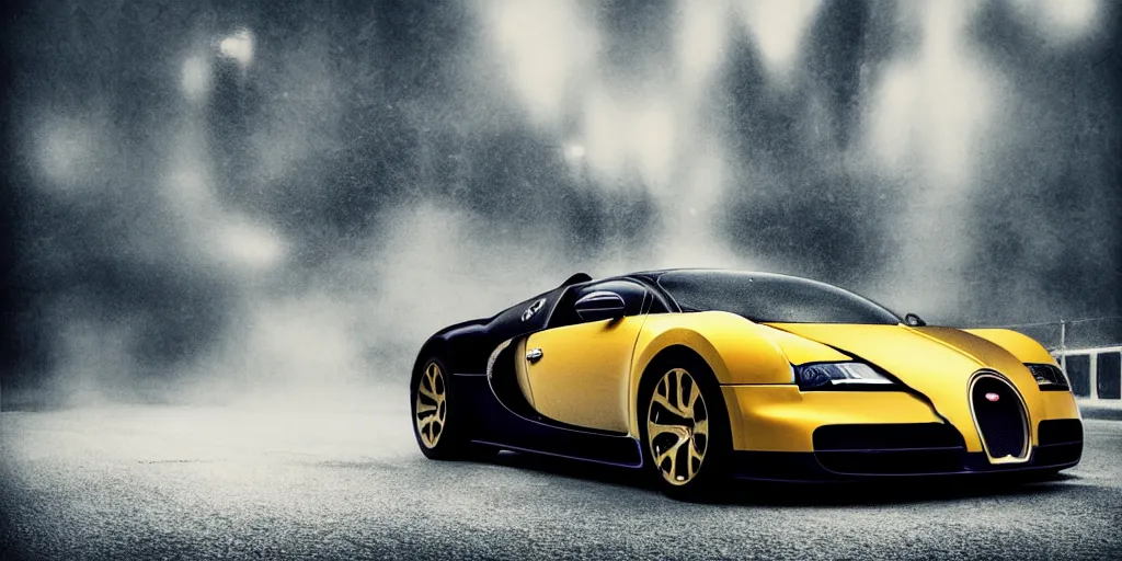 Image similar to parked Bugatti Veyron EB 16.4, environment reflected in the polished car, fog, rain, volumetric lighting, beautiful, golden hour, sharp focus, ultra detailed, cgsociety