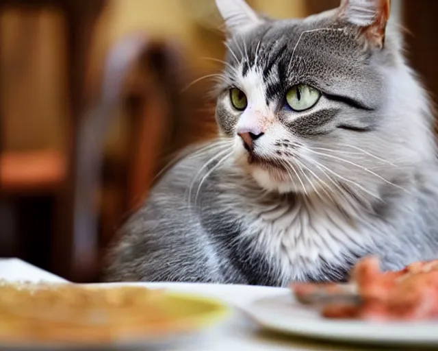 Image similar to annoyed cat waiting for food at the dinner table