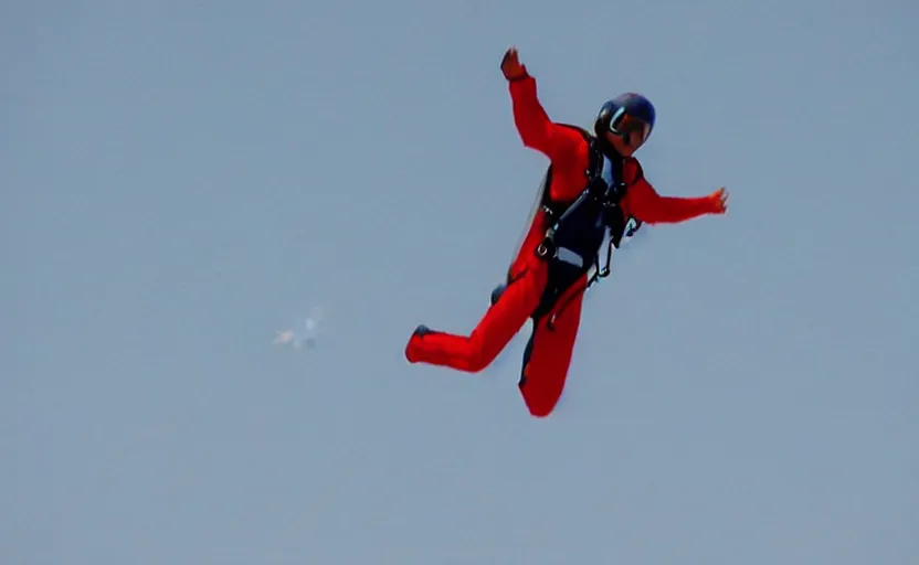 Prompt: color photo. closeup of a skydiver jumping. white plane in the background 8 0'style