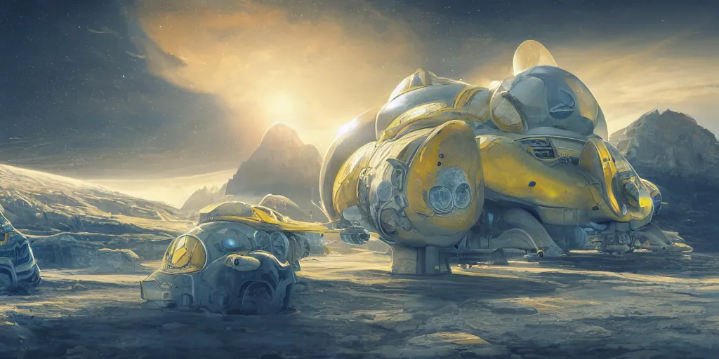 Prompt: legendary space ship, ice fish shape, desert planet, alien technology, cinematic, highly detailed, large blue engines, scifi, yellow windows and details, hyper realism, intricate digital painting, red glow, gigantic landing pad, scifi base, artstation, by johnson ting, jama jurabaev