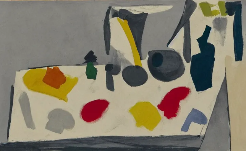 Image similar to minimal in the style of ivon hitchins. still life on a table. drawing on painting, brush marks. expressive abstraction.. in the style of john craxton