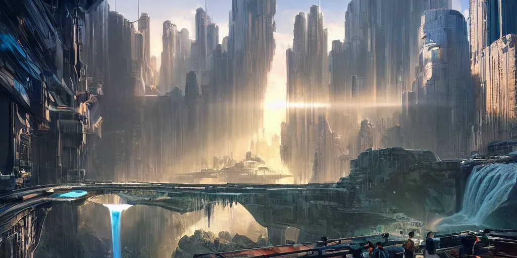 Image similar to beautiful waterfall between lush mountains in the sunset casting rays of light into futuristic cyberpunk city below, flying cars, highly detailed, modern architecture, sharp focus, artgerm, cgsociety, desaturated by syd mead