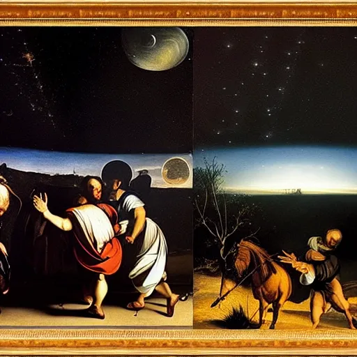 Prompt: about world in comfort caravaggio and quint bucholz parallel reality with unreal endless night sky