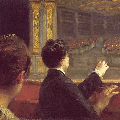 Image similar to a young man watching an actress on stage in an old theater, by alfred stevens