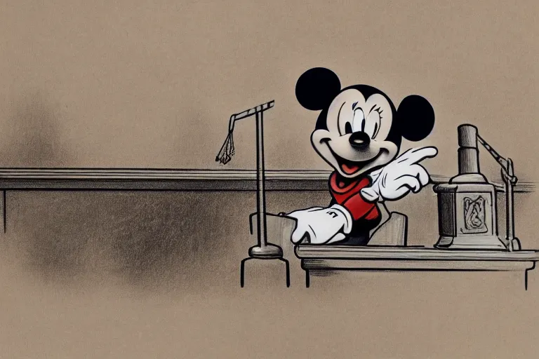 Prompt: detailed background courtroom sketch of vintage disney character mickey mouse presenting evidence of copyright infringement to the judge bench court room wooden serious dark tone vintage early cel animation