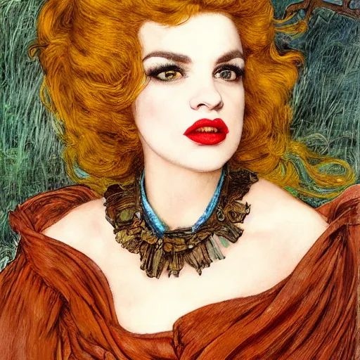 Image similar to hybrid of judy garland and lady gaga, brown fringe, large beautiful facial features, huge downslanted eyes, big cheeks, large full lips, full body medium shot, reclining bed cool stylish, yellow ochre ornate medieval dress, john william waterhouse, kilian eng, rosetti, john everett millais, william holman hunt, william morris, 4 k