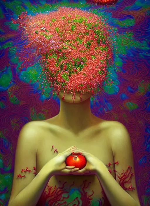 Image similar to hyper detailed 3d render like a Oil painting - Aurora (Singer) Eats of the Strangling aerochrome Fruit and Her delicate Hands hold of gossamer polyp blossoms bring iridescent fungal flowers whose spores black the foolish stars by Jacek Yerka, Mariusz Lewandowski, Houdini algorithmic generative render, Abstract brush strokes, Masterpiece, Edward Hopper and James Gilleard, Zdzislaw Beksinski, Mark Ryden, Wolfgang Lettl, hints of Yayoi Kasuma, octane render, 8k