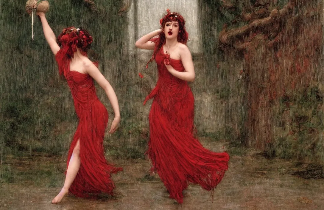 Prompt: grim horror face of beautiful woman witch dancing in rain., film still by kubrick, depicted by herbert james draper, arnold bocklin, john willaim godward, sir lawrence alma - tadema. vibrant color palette, very intricate details, minimalist. red and white chalk study