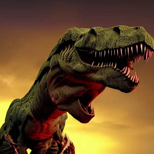 Image similar to Realistic, high quality photograph of a angry, demonic T-Rex dinosaur standing in the distance in the style of devilcore, gorecore, 3D render, blender render, realistic skin, twilight, glows, detailed, studio quality, HD image,